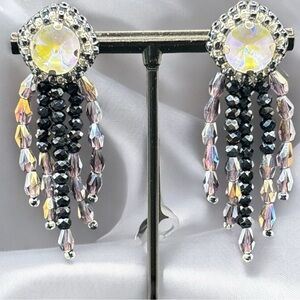 Handmade Beaded Rhinestone Earrings - Black and Iridescent Elegant Dangle Design